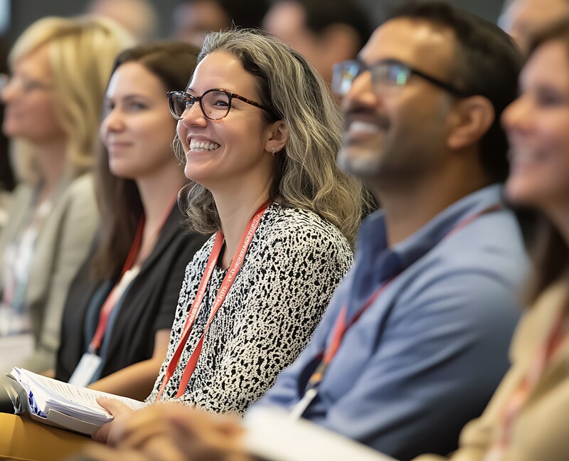 A woman smiling at a conference
